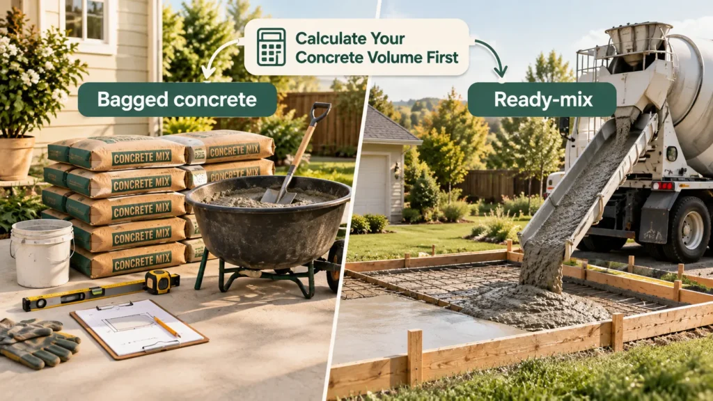 Side-by-side planning view comparing bagged concrete with ready-mix delivery after calculating the same required concrete volume.