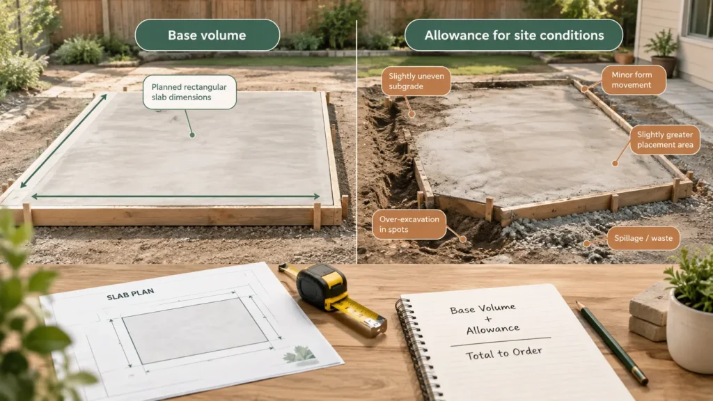 Concrete slab planning comparison showing calculated volume alongside extra allowance for uneven subgrade, over-excavation, and placement waste.