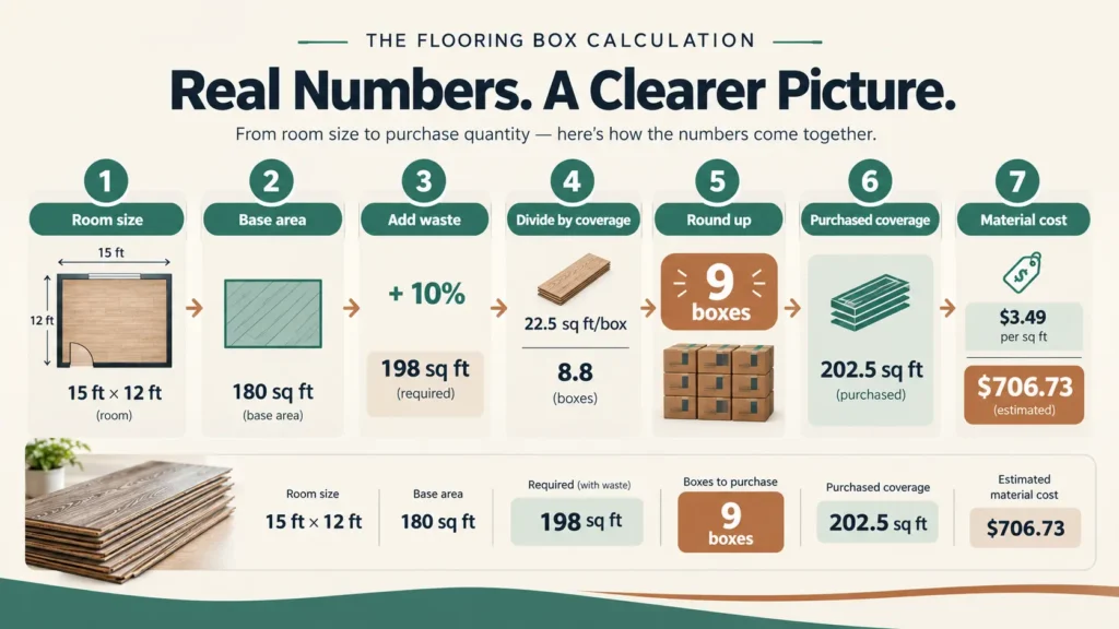 Worked flooring calculation showing a 180 sq ft room becoming 198 sq ft after 10% waste and rounding to 9 boxes of 22.5 sq ft each.