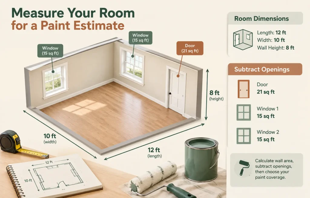 Diagram of a rectangular room showing length, width, wall height, and door and window areas used to calculate paintable wall area.