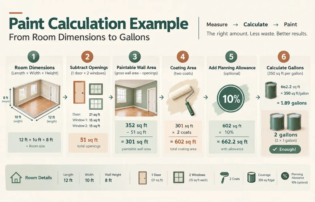 Worked paint estimate showing 301 square feet of paintable wall area, two coats, a 10 percent allowance, 350 square feet per gallon coverage, and a 1.89-gallon result.