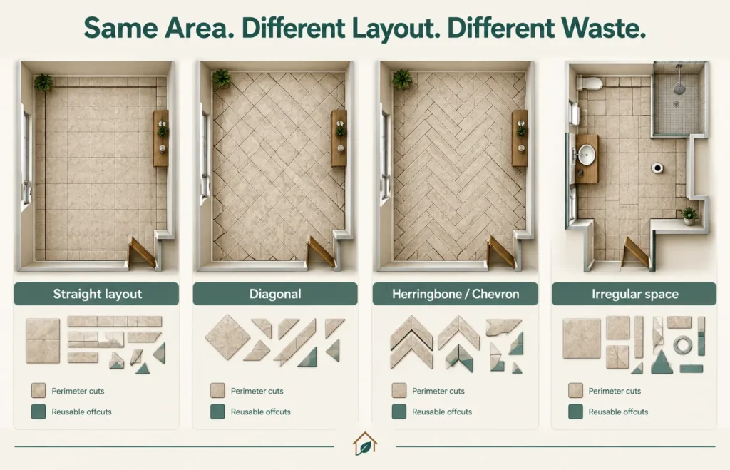 Comparison of straight, diagonal, and patterned tile layouts showing how cuts and reusable offcuts can affect extra tile requirements.